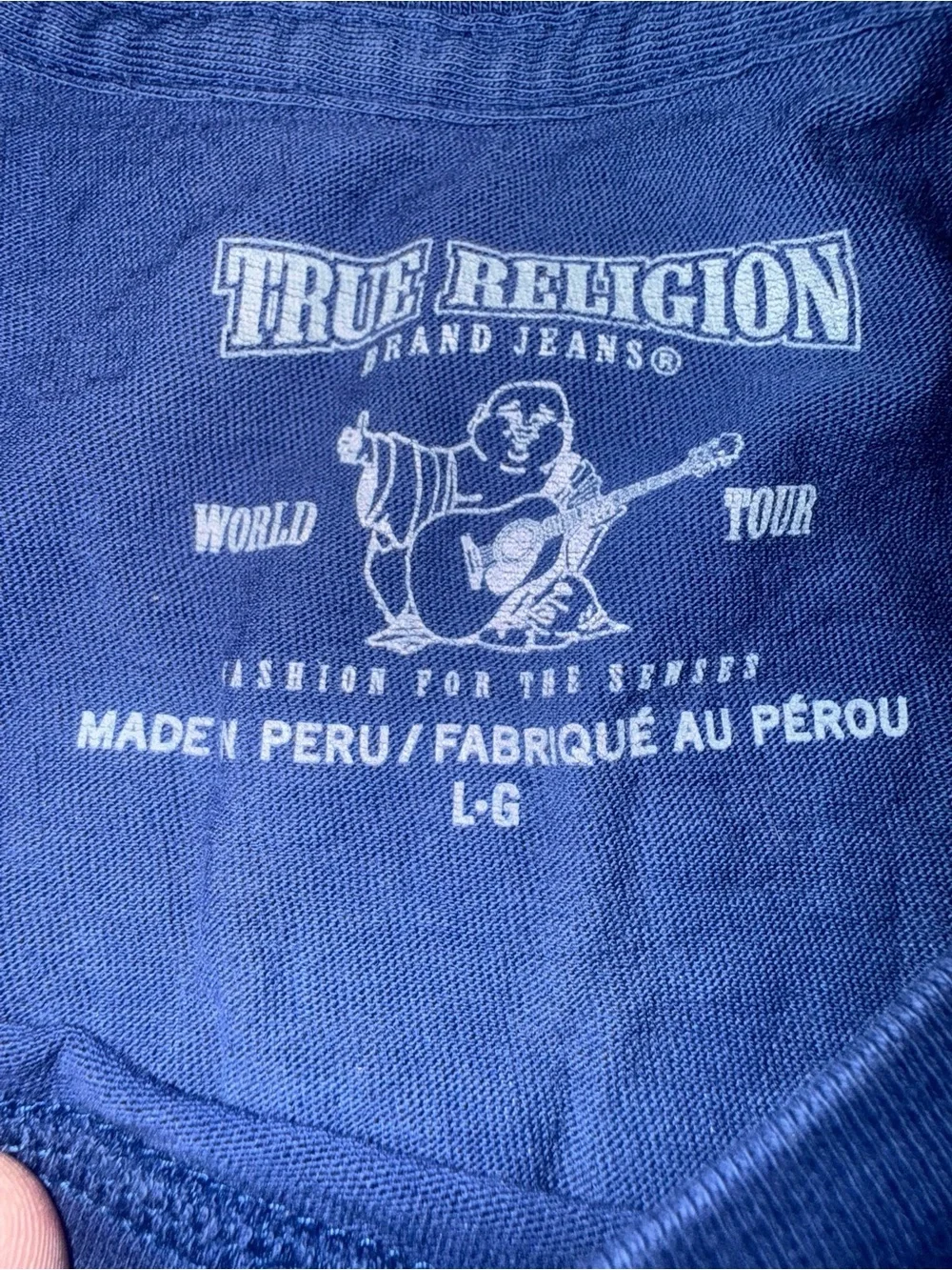 True Religion Navy Short-Sleeve Graphic Tee with White Logo Buddha guitar medium
